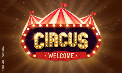 Retro Circus banner with tent and red ribbon. Vector illustration.
