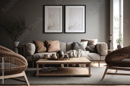 Scandinavian living room mock up with brown sofa and white wooden floor. Generative AI