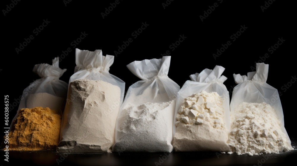 Various types of culinary flour in a row, black background. AI ...