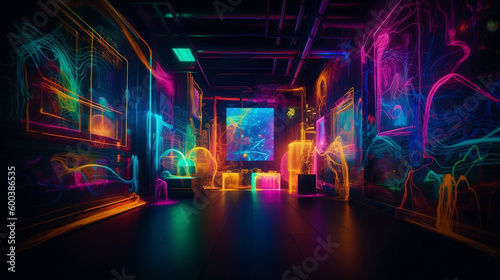Creative  original  futuristic places  with neon lights and lots of color contrasts. Shapes  figures and futuristic  alternative and suburban decoration. Spaces for artists. Image generated by AI.