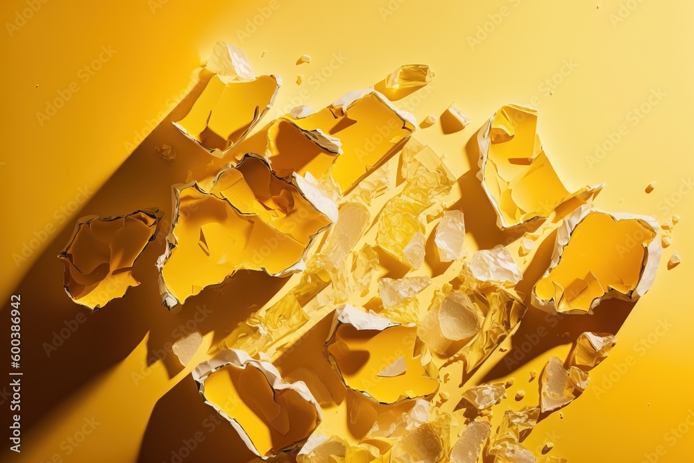 Shards of shiny glass and ice in flight, isolate, yellow background. AI generated Shards of shiny glass and ice in flight, isolate, yellow background. AI generated