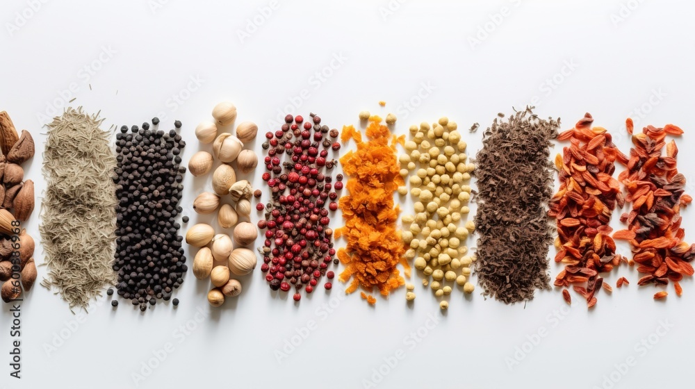 Various spices, seasonings in small bowls in a row, white background. AI generated. Various spices, seasonings in small bowls in a row, white background. AI generated.