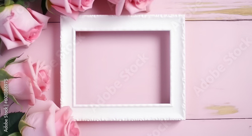 Stunning blossom pink rose, daisy flowers and knapweeds flowers Border with square frame surrounding on a White Pink Pastel colours Wooden Tabletop, Flower Border Art. Generative ai © Assyifa Sisters
