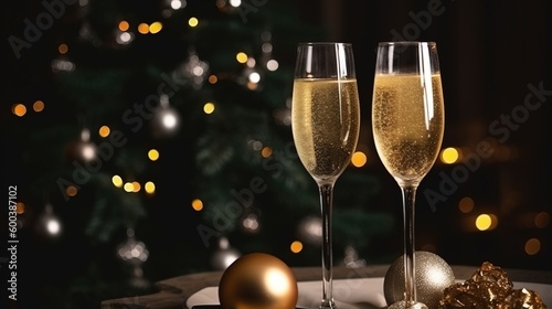 Festive two glasses of champagne on a blurred bokeh background. AI generated.