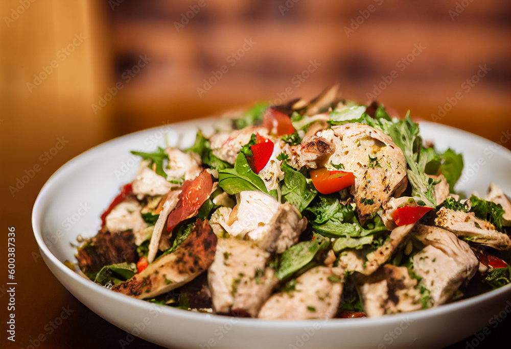 chicken fattoush, vegetarian salad Lebanese Egyptian fattoush with grilled chicken traditional Iftar dish for Ramadan, generative AI chicken fattoush, vegetarian salad Lebanese Egyptian fattoush with grilled chicken traditional Iftar dish for Ramadan, generative AI