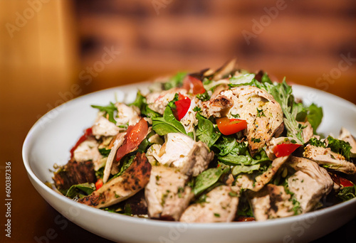 chicken fattoush, vegetarian salad Lebanese Egyptian fattoush with grilled chicken traditional Iftar dish for Ramadan, generative AI
