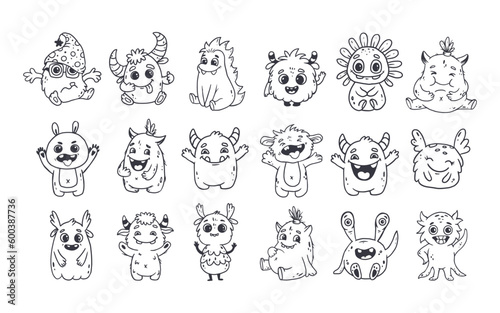 Big set of cartoon monsters. Cute monsters doodle. Kids funny character design for posters, cards, magazins. Line. Vector illustration
