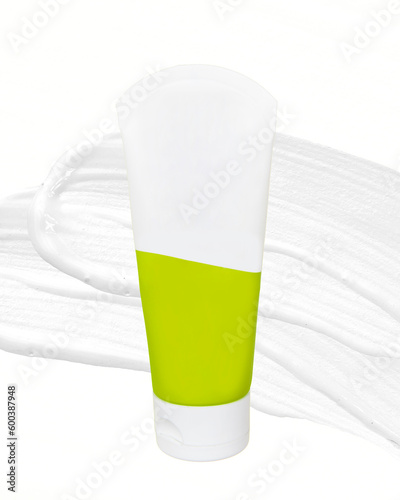 Top view of mockup of white squeeze bottle plastic tube for branding of medicine or cosmetics - cream, gel, skin care, toothpaste. Cosmetic bottle container