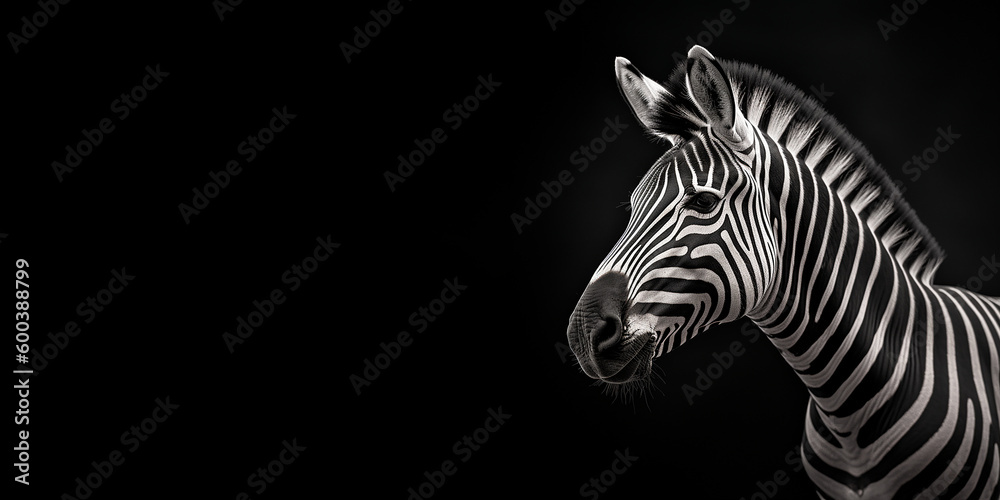 Naklejka premium Black and white photorealistic studio portrait of a Zebra on black background. Generative AI illustration