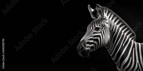 Black and white photorealistic studio portrait of a Zebra on black background. Generative AI illustration © JoelMasson