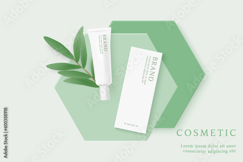 Skin care product and package ads template on green background .