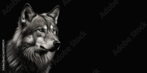 Black and white photorealistic studio portrait of a Wolf on black background. Generative AI illustration © JoelMasson