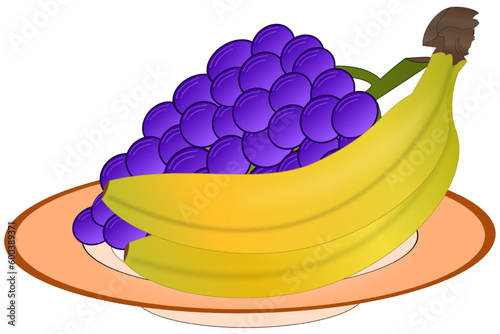 Grapes of purple wine and two bananas on an orange plate