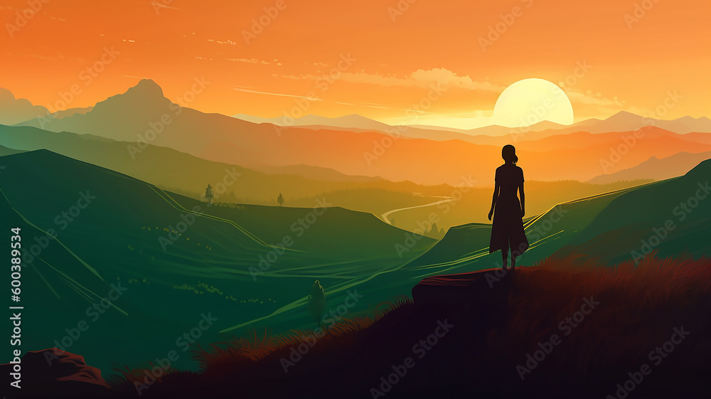 generative AI tools, Girl on mountain peak with green grass looking at beautiful mountain valley in  sunset in summer , illustration 