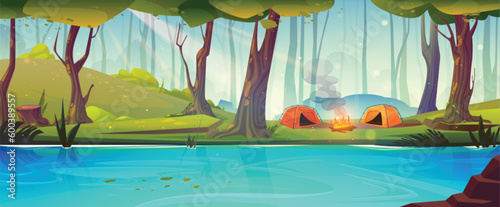 Campsite in forest near river cartoon landscape background. Camp with tent and fire smoke in summer woods on meadow near lake. Outdoor hiking concept for summertime with sunlight near water and hill.