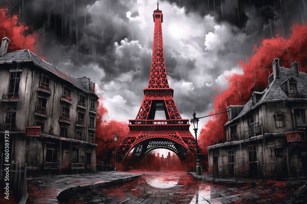Torre Eiffel de color rojo y árboles del mismo color
