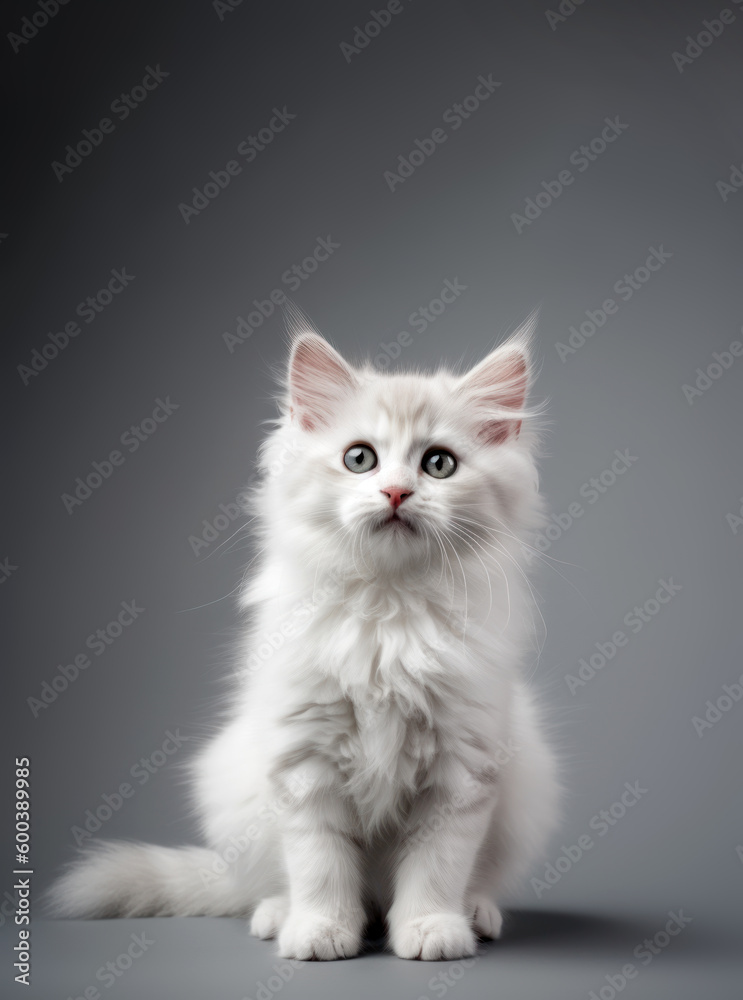 Fototapeta premium Cute cat, a white kitten posing in a studio against a gray background. Generative AI