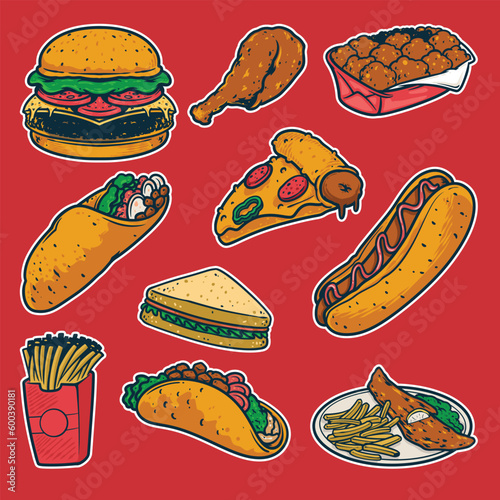 fast food colorful doodle hand drawn, drawing burger, frech fries, taco, burrito, hot dog, and pizza sanwich vector illustration.