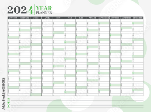 2024 yearly planner or organizer design template with green color. Schedule page journal, stationary calendar, corporate planner