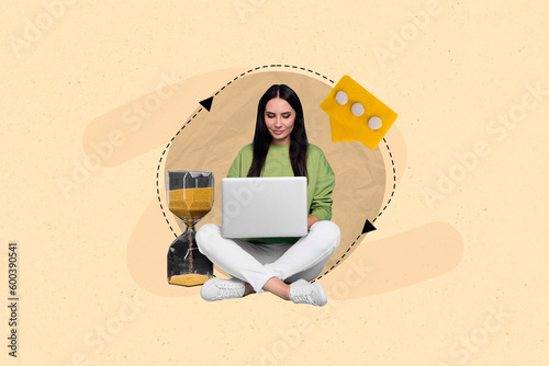 Collage of young confident programmer woman use netbook hourglass receive sms customer last chance finish job isolated on beige background
