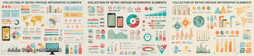 Mega set of vintage infographic elements data visualization vector design template. Can be used for steps, options, workflow, diagram, flowchart, timeline, marketing. Bundle retro info graphics.