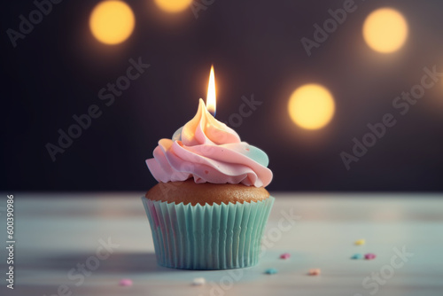 Cupcake with pastel colored frosting and candle. Generative AI illustration