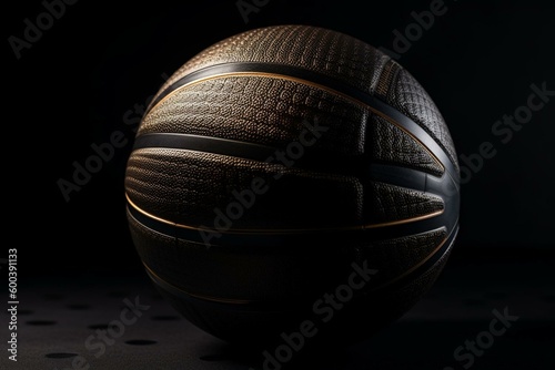 Half-turned view of a rubber basketball ball with black and gold colors. Generative AI © Matisse
