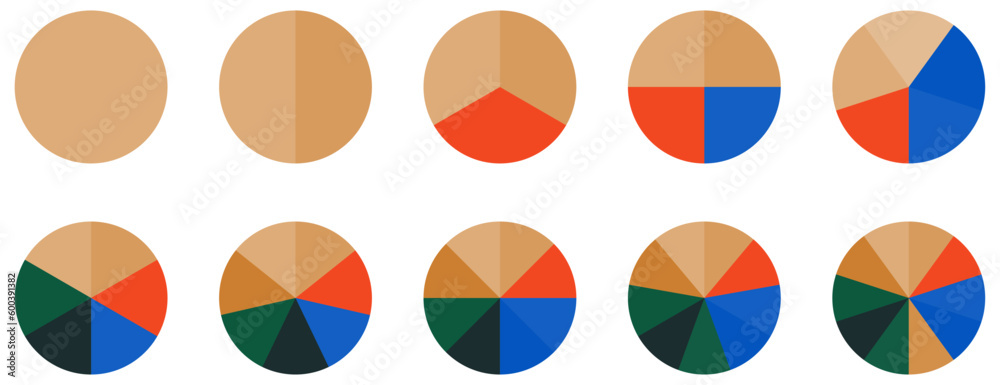 Set of circle pie chart signs. Colorful diagram with 10 sections. Vector illustration - obrazy, fototapety, plakaty 