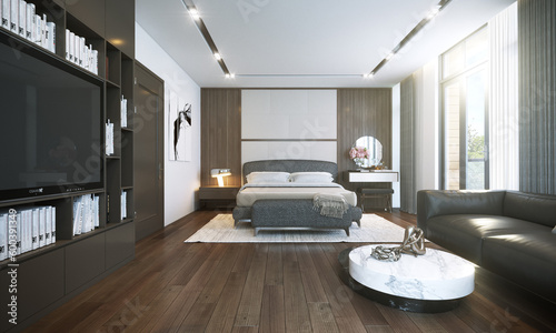 3d render bedroom interior of stylish room with big bed