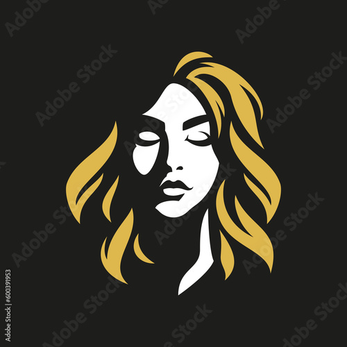 Foto Cute romantic blonde woman face shadow art silhouette logo for beauty salon vect