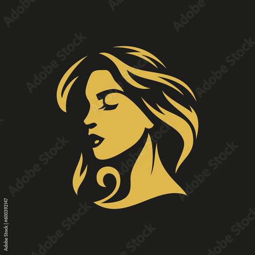 Elegant woman golden portrait minimalist silhouette logo for stylist cosmetologist vector flat