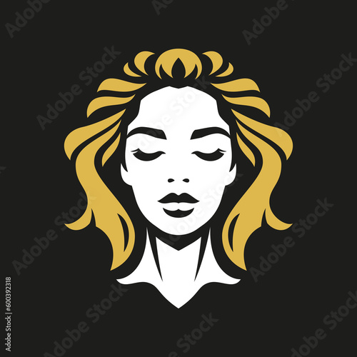 Beautiful woman face golden hair style fashion minimalist logo for skin care vector flat