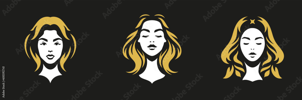 Young blonde woman beauty portrait golden long hair logo for coiffure hairdresser set vector flat