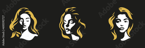 Fashion woman face shadow silhouette with golden face logo for makeup cosmetic set vector flat