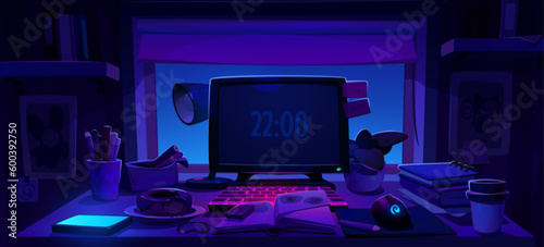 Home office workplace desk near window at night. Table workplace in study room interior design for student. Late dark illustration with desktop and mouse near keyboard. Cartoon education place concept