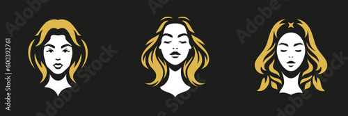 Young blonde woman beauty portrait golden long hair logo for coiffure hairdresser set vector flat