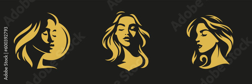 Romantic woman portrait golden silhouette face logo for cosmetic beauty skin care set vector flat