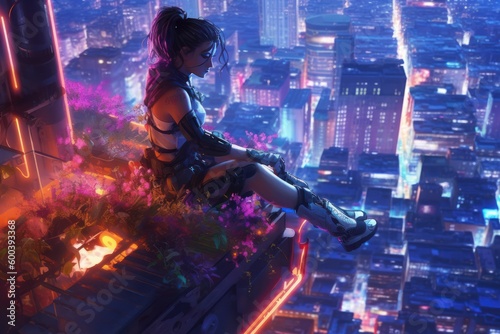 Cyberpunk Girl overlooking a neon futuristic city, Anime, Character Design, Concept Art, Beautiful Girl, Generative AI