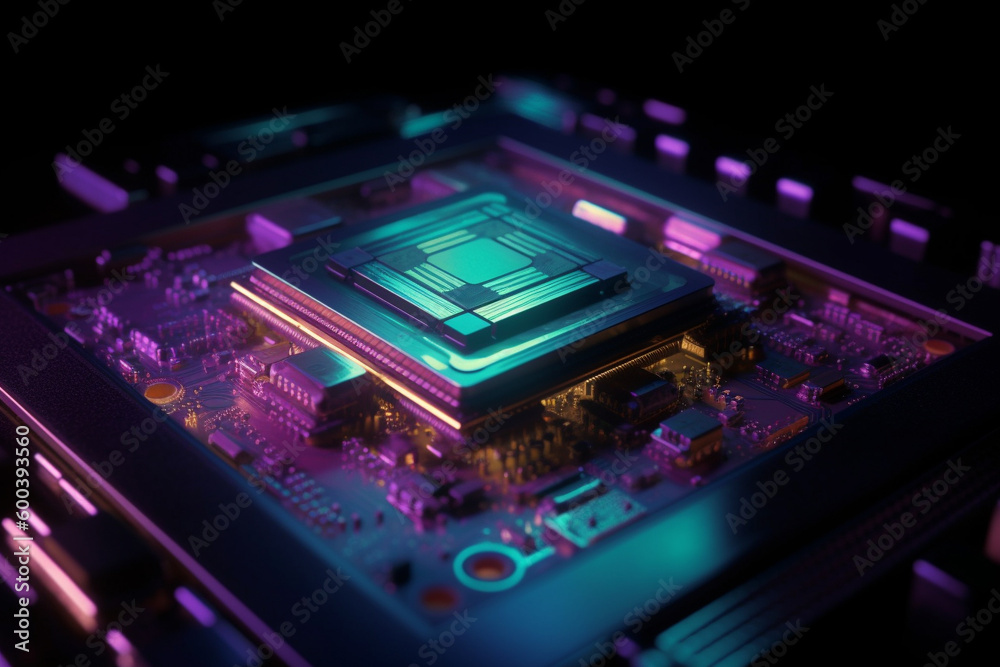 Highly advanced microchip processor with a series of blue and purple lights illuminating its intricate circuitry. Ai generated