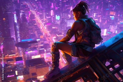 Wallpaper Mural Cyberpunk Girl overlooking a neon futuristic city, Anime, Character Design, Concept Art, Beautiful Girl, Generative AI Torontodigital.ca