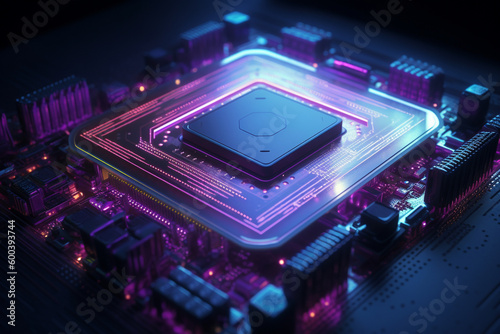 Highly advanced microchip processor with a series of blue and purple lights illuminating its intricate circuitry. Ai generated