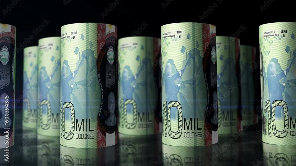 Costa Rica money Costa Rican Colon money rolls loop 3d animation. Camera moving in front of the CRC rolling banknotes. Seamless loopable concept of economy, finance, business and debt. Costa Rica money Costa Rican Colon money rolls loop 3d animation. Camera moving in front of the CRC rolling banknotes. Seamless loopable concept of economy, finance, business and debt.