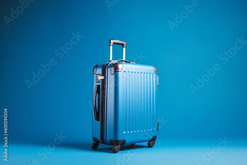 Blue suitcase on blue background with copy space, minimal style. Travel concept, vacation time, luggage, bag for travel. Holiday, trip and adventure theme. AI generated