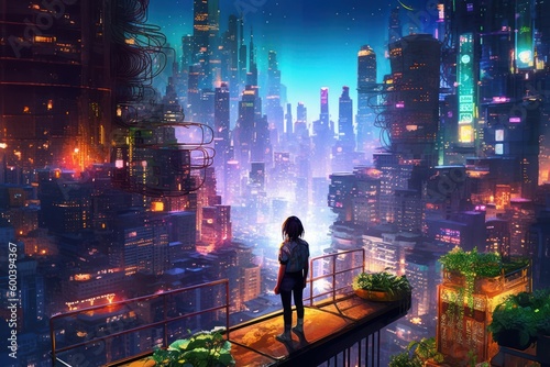 Cyberpunk Girl overlooking a neon futuristic city, Anime, Character Design, Concept Art, Beautiful Girl, Generative AI
