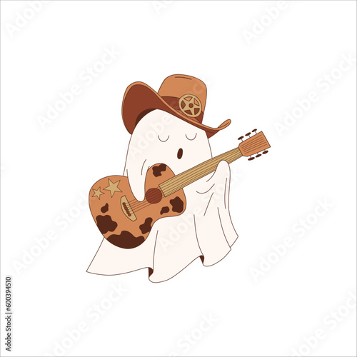 Halloween cute cowboy ghost country music singer retro illustration isolated on white. Western All Saints' Day spirit clip art. Howdy cartoon phantom with guitar design element. 
