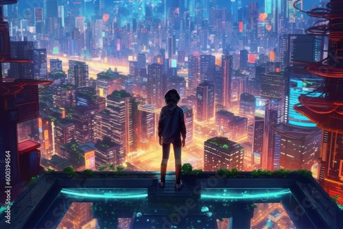 Cyberpunk Girl overlooking a neon futuristic city, Anime, Character Design, Concept Art, Beautiful Girl, Generative AI