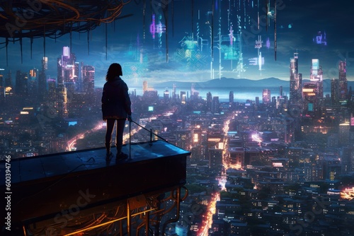 Wallpaper Mural Cyberpunk Girl overlooking a neon futuristic city, Anime, Character Design, Concept Art, Beautiful Girl, Generative AI Torontodigital.ca