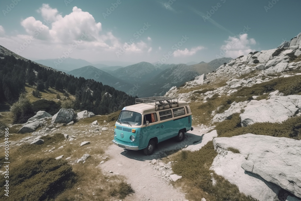 A Campervan Adventure in Mountain Scenery. Campervan journeying through the majestic mountains, with breathtaking natural scenery. Ai generated