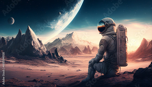 An astronaut stands in front of a planet with planets in the background, Generative AI © drizzlingstarsstudio