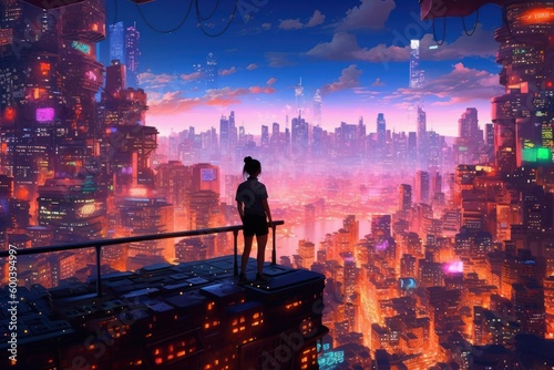 Cyberpunk Girl overlooking a neon futuristic city, Anime, Character Design, Concept Art, Beautiful Girl, Generative AI